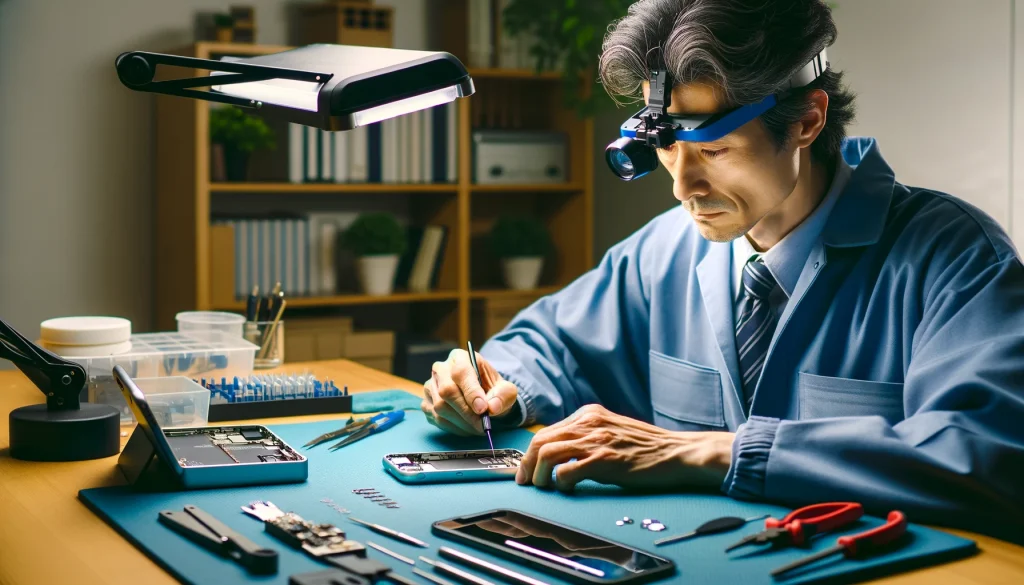 寝屋川市のプロフェッショナルなiPhone修理技師が、整理整頓された作業台で内部が露わになったiPhoneを修理している様子。技師は拡大ヘッドセットを装着し、青い制服を着て集中して作業を行っています。